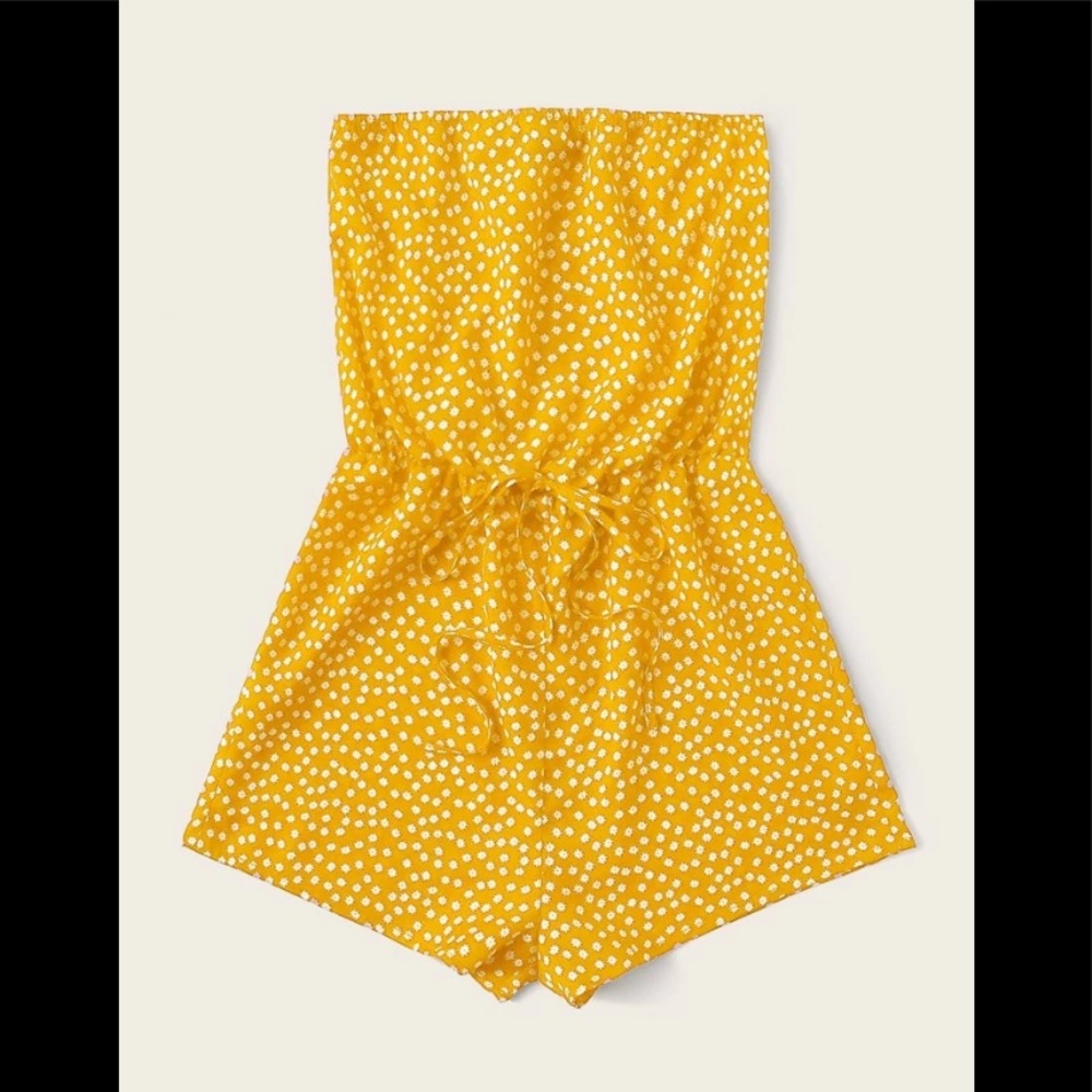 Ditsy Yellow Floral Tube Top Elastic Top Drawstring Waist Shorts Romper/1pc